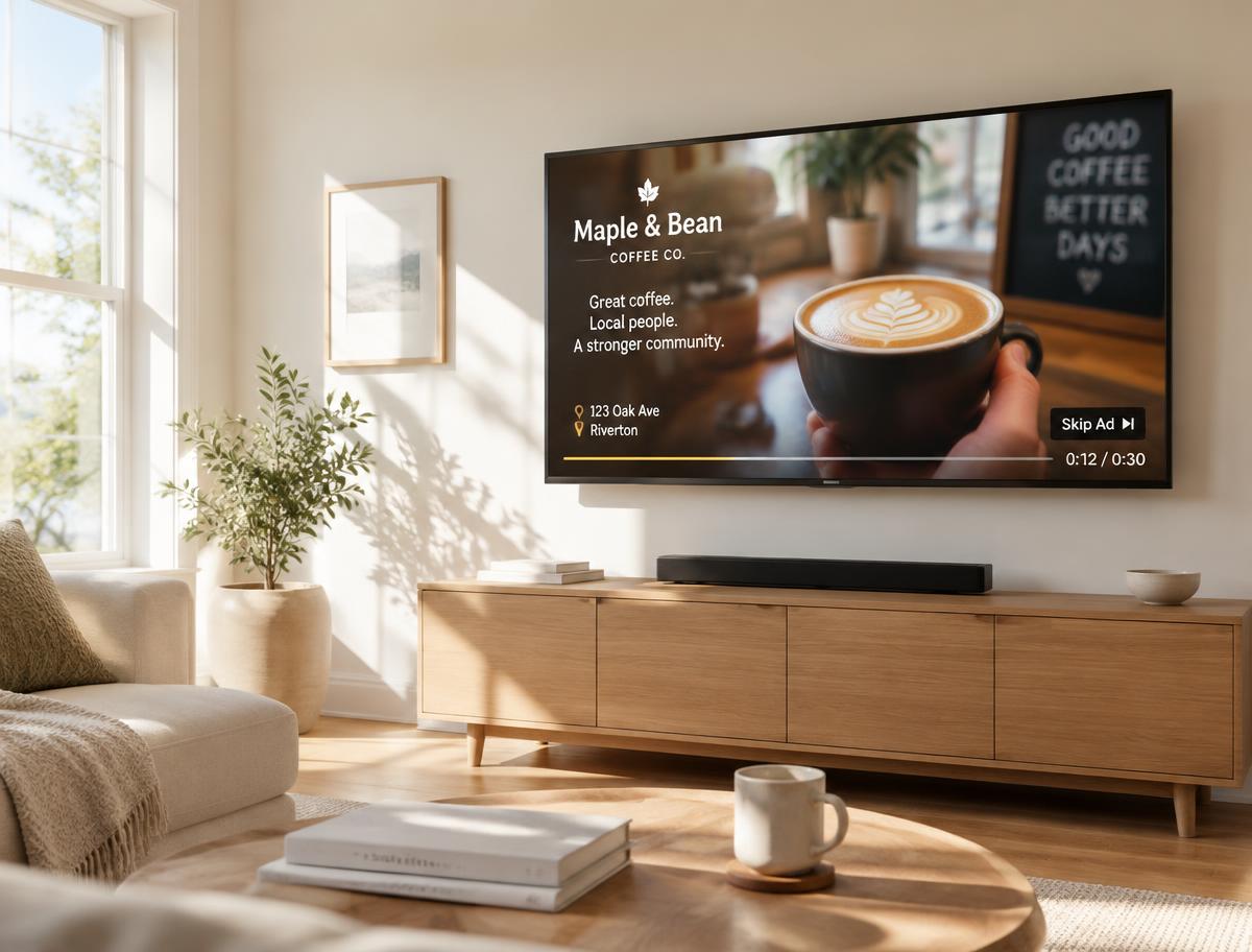 Connected TV showing a local coffee shop video ad